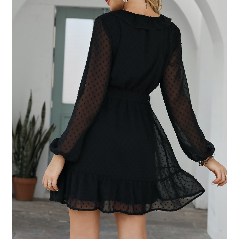 Black Swiss Dot Sheer Sleeves Ruffle Belted Dress - Picture 2 of 10